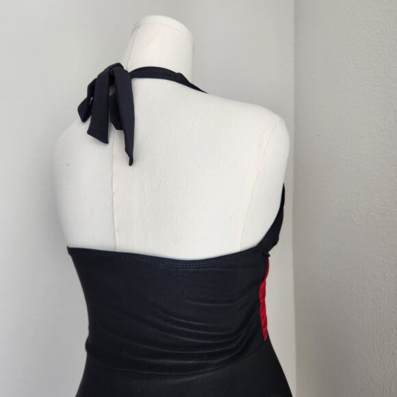 Y2K Byer Black Red Halter Ruched Waist A-Line Midi Dress V Neck Vampirecore L - Picture 9 of 10